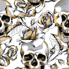 Naadloze patroon met afbeelding gouden schedel en roze bloemen op een witte achtergrond. Vector illustratie.