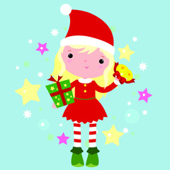 Girl magic elf - Santa Claus helper with gifts. Christmas bells. Greeting card for Merry Christmas and Happy New Year.