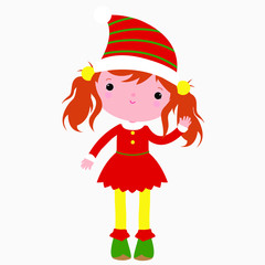 Red-haired elf girl. Santa's helper. Christmas little elf.