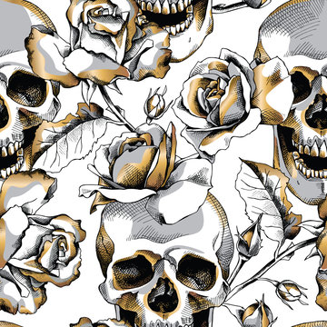 Seamless pattern with image gold skull and rose flowers on a white background. Vector illustration.