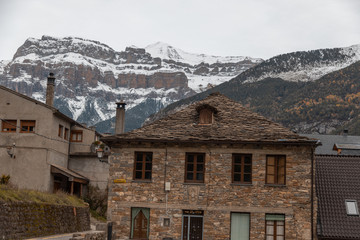 town of torla in autumn, located in pyrenees spain