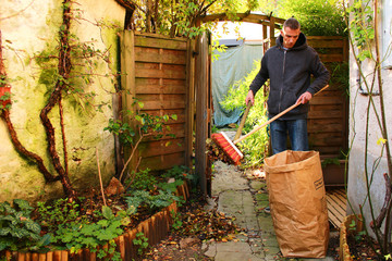 Man taking care of his garden by picking up dead leaves with a shovel and a broom. Prepare the...