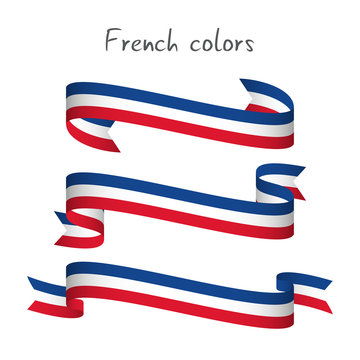 Set of three modern colored ribbon with the French tricolor isolated on white background, abstract French flag, Made in France logo