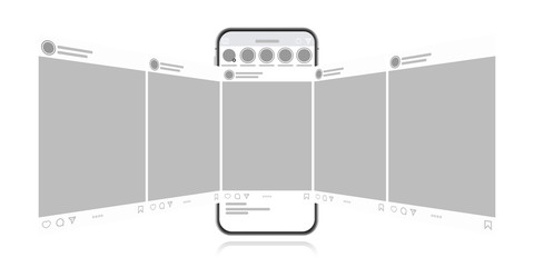 Social media design concept on a white background. Smartphone with carousel interface post on social network. Modern flat style vector illustration.