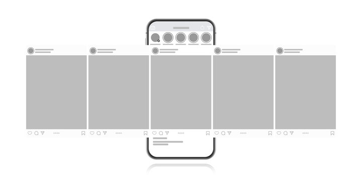 Social media design concept on a white background. Smartphone with carousel interface post on social network. Modern flat style vector illustration.
