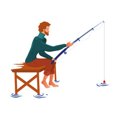 A bearded fisherman in the sweater sits fishing with a fishing rod. Vector illustration in flat cartoon style.