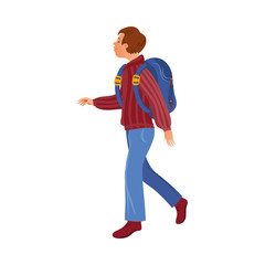 Brown-haired camper boy in the sweater with a backpack. Vector illustration in flat cartoon style.