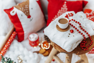 Winter cozy. Coffee cup with decorations. Christmas morning