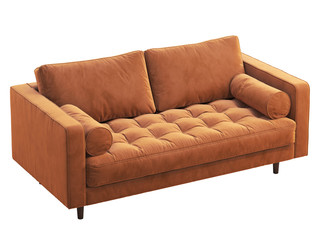 Mid-century two-seat terracotta velvet upholstery sofa. 3d render.