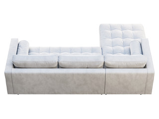 Mid-century corner white velvet upholstery sofa with chaise lounge. 3d render.