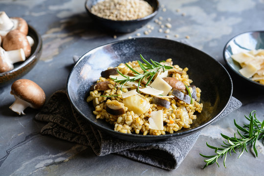 Vegetarian barley risotto with roasted mushrooms, fennel and Parmesan cheese slices