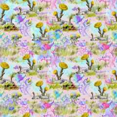 Seamless pattern with yellow spring flowers on a background of watercolor blots and blurry spots in light blue, lilac and pink colors