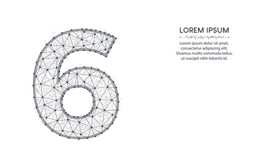 Number 6 low poly design, mathematics abstract geometric image, six wireframe mesh polygonal vector illustration made from points and lines on white background