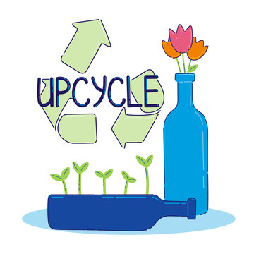 Upcycle Concept.Glass Upcycle.Secondary Use Of Glass Bottles As A Vase And A Pot.Flowers In A Bottle.Germination Of Plants In A Bottle.Reuse And Upcycling Sign.Vector Flat Illustration