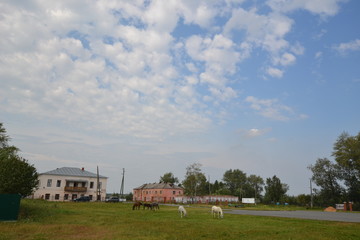 Fototapeta na wymiar The sky above Usolye: the former main Stroganov patrimony on Kama and the Urals on a cloudy summer day