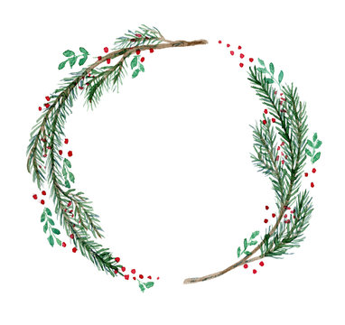 Cute watercolor Christmas wreath with fir twigs, branches and red berries. Bright round hand drawn illustration isolated on white background for New Year decoration, greeting cards design