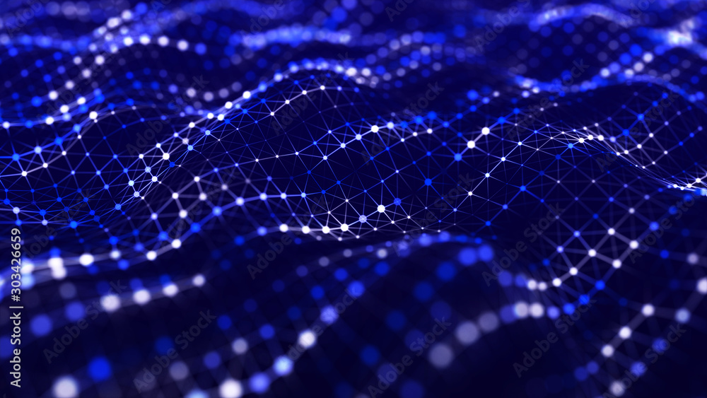 Poster Futuristic dots background. Artificial intelligence. Color music sound waves. Big data visualization. 3d rendering.