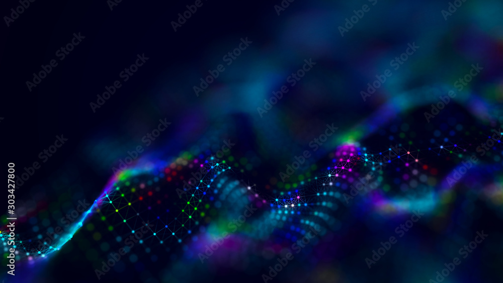 Aufkleber Wave of musical sounds. Abstract background with interweaving of dots and lines. 3D rendering.