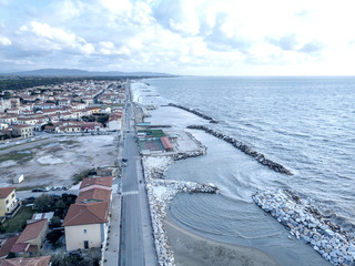 Aerial view of the coast of Marina di Pisa, Tuscany, Italy