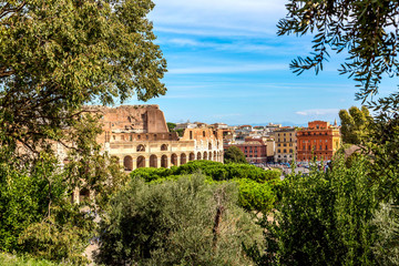 Fototapeta na wymiar The Colosseum in Rome, Italy during summer sunny day. The world famous colosseum landmark in Rome.