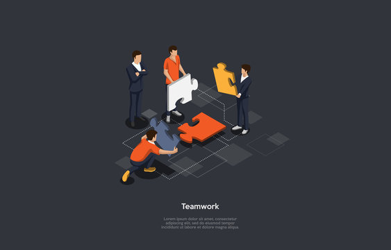 Isometric Business Teamwork Template. The Team Is Connecting Puzzle Pieces.