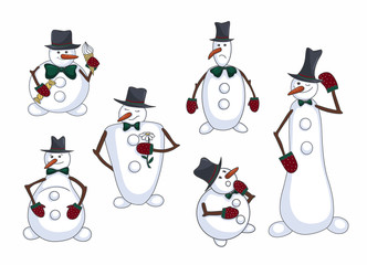 Christmas set of various snowman with hat, bow-tie and mittens isolated on white background.