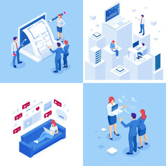 Isometric business concepts. Businessmen and business woman in different situations. Online cooperation, agreement, success, sgoal achievement, financing of projects, online consultation, partnership.