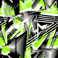 Modèle sans couture de grunge abstrait. Texture d& 39 art urbain avec des lignes au néon, des triangles, des coups de pinceau chaotiques. Fond de vecteur de style graffiti coloré. Design tendance en noir, blanc et vert vif