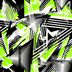 Fotobehang Graffiti Abstracte grunge naadloze patroon. Stedelijke kunsttextuur met neonlijnen, driehoeken, chaotische penseelstreken. Kleurrijke graffiti stijl vector achtergrond. Trendy design in zwart, wit en felgroene kleur