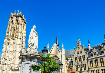 Saint Rumbold's Cathedral and the statue of Archduchess Margaret of Austria in Mechelen, Belgium