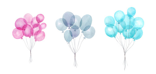 Set of colorful air balloons inflatable, watercolor illustration. Hand painted pack of party pink, blue, purple balloons isolated on white background. Greeting decor.