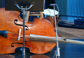 Detail of cello on the stage.