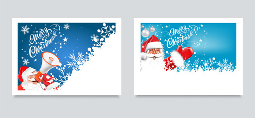Obraz na płótnie Canvas Christmas cards. Santa Claus with a megaphone and Happy Santa on Blue background. Two templates for design: New Year's pictures, banners, posters. Vector graphics