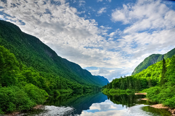 Fototapeta na wymiar Vibrant green forest and still waters of Jacques Cartier river on a warm summer day, Jacques cartier national park, Quebec, Canada