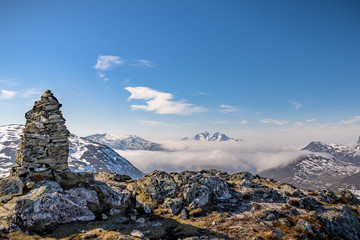 Landscape of the mountains - Kvaloya. View from Sortinden Peak - on the Kaldfjord and the island of Vengsoya. Attractive viewpoint - around Tromsø. Landscape of the mountains - Kvaloya