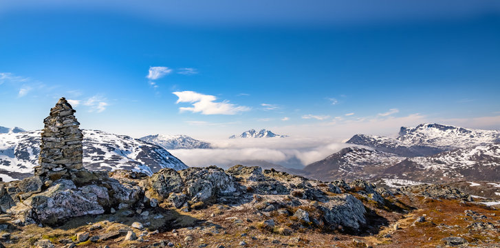 Landscape of the mountains - Kvaloya. View from Sortinden Peak - on the Kaldfjord and the island of Vengsoya. Attractive viewpoint - around Troms&oslash;. Landscape of the mountains - Kvaloya - panorama