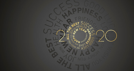 Happy New Year 2020 modern circle word cloud text gold white black vector