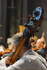Professional cello player's hands close up, he is performing with string section of the symphony...