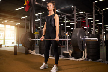 Fototapeta na wymiar Young athletic woman doing squats with heavy barbell in modern gym, looking straight at camera, with strange expression and calm face, spreading sunday morning by training, portrait, side shot
