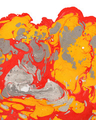 Beautiful abstract liquid paint background. Acrylic painting. Marble texture. Mixed red, orange, yellow, gray paints on wet paper. Contemporary design. Modern art technique. Elegant colours