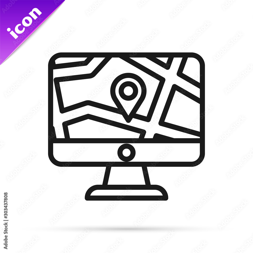 Fototapete Black line Computer monitor and folded map with location marker icon isolated on white background. Vector Illustration