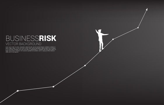 Silhouette Of Businessman Walking On Rope Walk Way Up To Growth Line Graph.Concept For Business Risk And Career Path