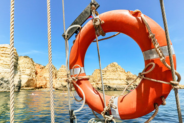 Boat trip to Ponta da Piedade, Life belt, rocky coastline and beaches near Lagos, Algarve Portugal