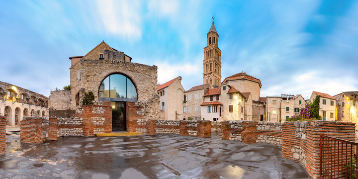 Panoramic view of Saint Domnius Cathedral in Diocletian Palace in Old Town of Split, the second largest city of Croatia in the morning