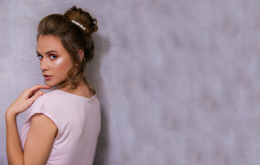 Bridal look, wedding style, make up and hairstyle, saloon ready commercial type, blond model, young...