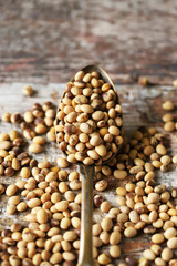 Soybeans in a spoon and sprinkled on a wooden surface. Organic soybeans.