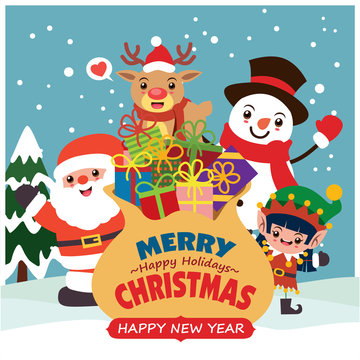 Vintage Christmas poster design with vector Snowman, reindeer, elf, Santa Claus characters.