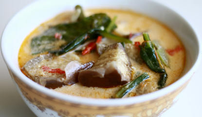 Sayur lodeh or curried vegetables on white background. Traditional Indonesian dish consisting of cabbage, long beans and eggplant.