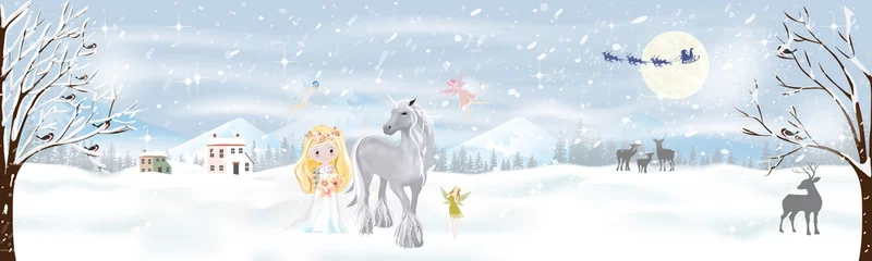 Tuinposter Fantasy landscape winter wonderland with Cute princess and unicorn in magic forest with little fairies flying with Santa Claus sleigh reindeers flying over full moon in Christmas night © Anchalee