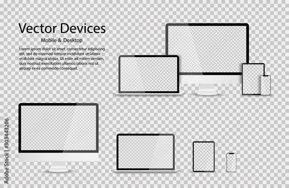 Fototapete Devices in realistic trendy design on transparent background. Set of computer laptop tablet and smartphone with empty screens. Mock up. Blank screen isolated.